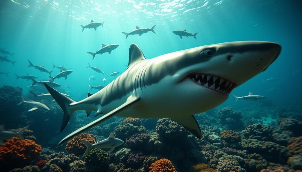 Detailed underwater scene depicting the biology and diversity of sharks. In the foreground, a large great white shark swims gracefully, showcasing its powerful jaws and rows of serrated teeth. In the middle ground, a school of smaller shark species, such as hammerheads and reef sharks, interact with their environment, highlighting the variety of shark forms and sizes. In the background, a vibrant coral reef teeming with marine life sets the scene, with shafts of natural sunlight filtering through the water. The lighting is soft and diffused, creating a sense of depth and atmosphere. The camera angle is slightly low, placing the viewer among the sharks, capturing the majesty and awe-inspiring presence of these ancient predators.