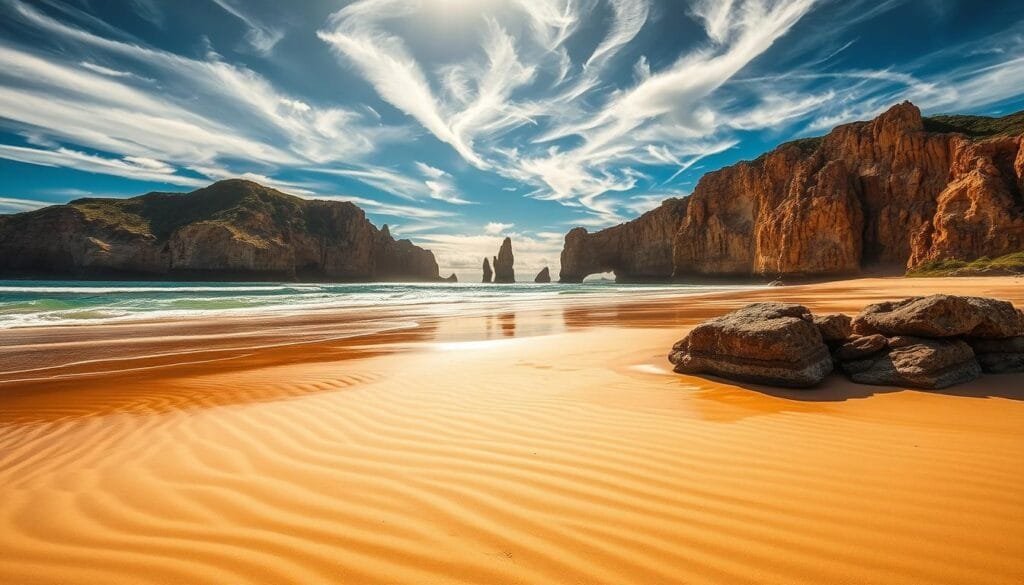 Dramatic coastal landscapes of Australia's playas, sprawling sandy beaches bordered by turquoise waters and rugged rock formations. A sun-drenched scene, with warm golden light filtering through wispy cirrus clouds overhead. In the foreground, gently lapping waves caress the shore, leaving intricate patterns in the wet sand. Towering cliffs rise in the distance, their weathered surfaces casting dramatic shadows. A serene, tranquil atmosphere pervades the scene, inviting the viewer to bask in the natural beauty of this extraordinary coastal paradise. Dramatic coastal landscapes of Australia's playas, sprawling sandy beaches bordered by turquoise waters and rugged rock formations. A sun-drenched scene, with warm golden light filtering through wispy cirrus clouds overhead. In the foreground, gently lapping waves caress the shore, leaving intricate patterns in the wet sand. Towering cliffs rise in the distance, their weathered surfaces casting dramatic shadows. A serene, tranquil atmosphere pervades the scene, inviting the viewer to bask in the natural beauty of this extraordinary coastal paradise.