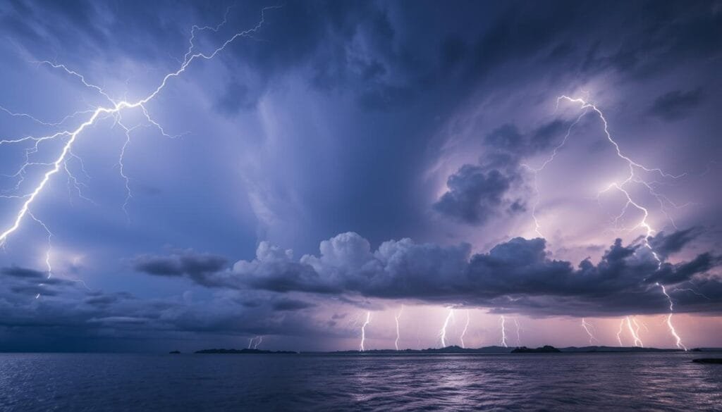 Dramatic lightning bolts illuminating the night sky over the Maracaibo basin, Venezuela. Fierce electric discharges crackling across the horizon, painting the clouds with eerie blue-white light. Thunderous rumbles echoing across the lake's still waters, a mesmerizing natural spectacle known as the Catatumbo Lightning. Capture the power and mystery of this unique meteorological phenomenon, with a low-angle perspective emphasizing the scale and intensity of the storm. Moody, cinematic lighting with deep shadows and highlights, conveying the awe-inspiring grandeur of this natural wonder.