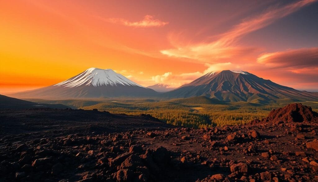 Dramatic volcanic landscape with majestic snow-capped peaks against a vibrant orange sky. Rugged lava flows and rocky outcroppings dominate the foreground, casting long shadows across the terrain. Lush, verdant forests blanket the middle ground, contrasting with the stark, primordial nature of the volcanoes. Sunlight filters through wispy clouds, creating a warm, ethereal atmosphere that highlights the raw power and natural beauty of this untamed, geologically active region. Dramatic volcanic landscape with majestic snow-capped peaks against a vibrant orange sky. Rugged lava flows and rocky outcroppings dominate the foreground, casting long shadows across the terrain. Lush, verdant forests blanket the middle ground, contrasting with the stark, primordial nature of the volcanoes. Sunlight filters through wispy clouds, creating a warm, ethereal atmosphere that highlights the raw power and natural beauty of this untamed, geologically active region.