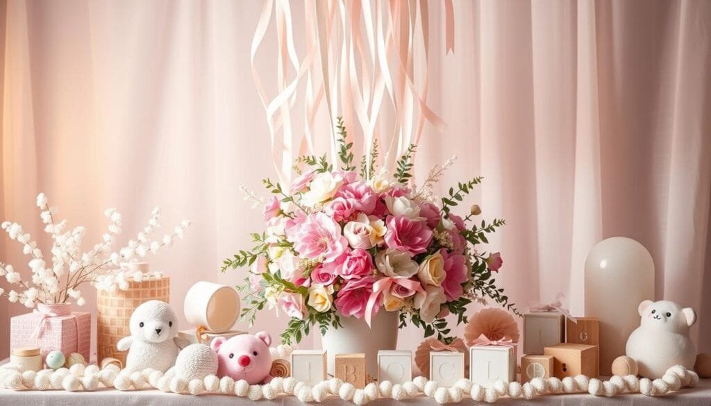 Elegant and whimsical decorative elements arranged in a harmonious thematic display. A centerpiece of vibrant florals, pastel-colored balloons, and delicate ribbons cascading from above. Surrounding the focal point, an assortment of ornamental baby items - plush toys, wooden blocks, and polka-dotted garlands. The scene is bathed in warm, diffuse lighting, creating a soft, cozy ambiance. The overall composition conveys a sense of joy, wonder, and anticipation, perfectly suited for a celebratory baby shower. The image captures the essence of an original, thoughtfully curated thematic decor.