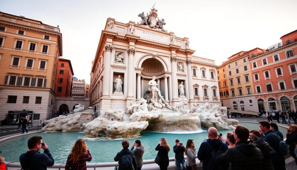 Fontana Trevi, a majestic Baroque masterpiece in the heart of Rome, stands proud and captivating. In the foreground, the iconic three-tiered fountain cascades with crystal-clear water, its intricate sculptures depicting the god Neptune and his seahorses. The middle ground features a bustling piazza, with pedestrians marveling at the stunning architecture and capturing the moment with their cameras. In the background, the warm, golden light of the setting sun bathes the surrounding buildings in a soft, romantic glow, creating a mesmerizing atmosphere that enchants all who behold it. This timeless scene perfectly encapsulates the enchantment and allure of Rome, the city of fountains that captivates millions. Fontana Trevi, a majestic Baroque masterpiece in the heart of Rome, stands proud and captivating. In the foreground, the iconic three-tiered fountain cascades with crystal-clear water, its intricate sculptures depicting the god Neptune and his seahorses. The middle ground features a bustling piazza, with pedestrians marveling at the stunning architecture and capturing the moment with their cameras. In the background, the warm, golden light of the setting sun bathes the surrounding buildings in a soft, romantic glow, creating a mesmerizing atmosphere that enchants all who behold it. This timeless scene perfectly encapsulates the enchantment and allure of Rome, the city of fountains that captivates millions.