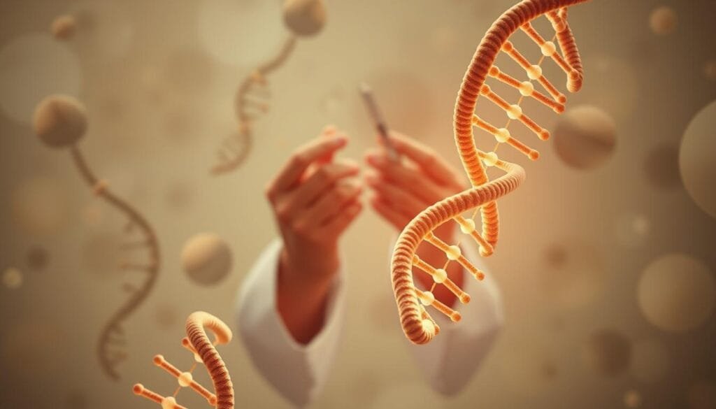 Genes y ética: a thoughtful exploration of the intersection between scientific advancement and moral responsibility. In the foreground, a double helix of DNA strands, illuminated by a soft, warm light, symbolizing the intricate beauty and power of the human genome. In the middle ground, disembodied hands holding delicate scientific instruments, representing the human agency and intervention in genetic research. In the background, a hazy, ethereal backdrop of muted colors and abstract shapes, evoking the complex ethical considerations that arise from manipulating the fundamental building blocks of life. The scene exudes a sense of reverence and contemplation, inviting the viewer to ponder the benefits, risks, and moral imperatives of responsible innovation in the realm of genomics.