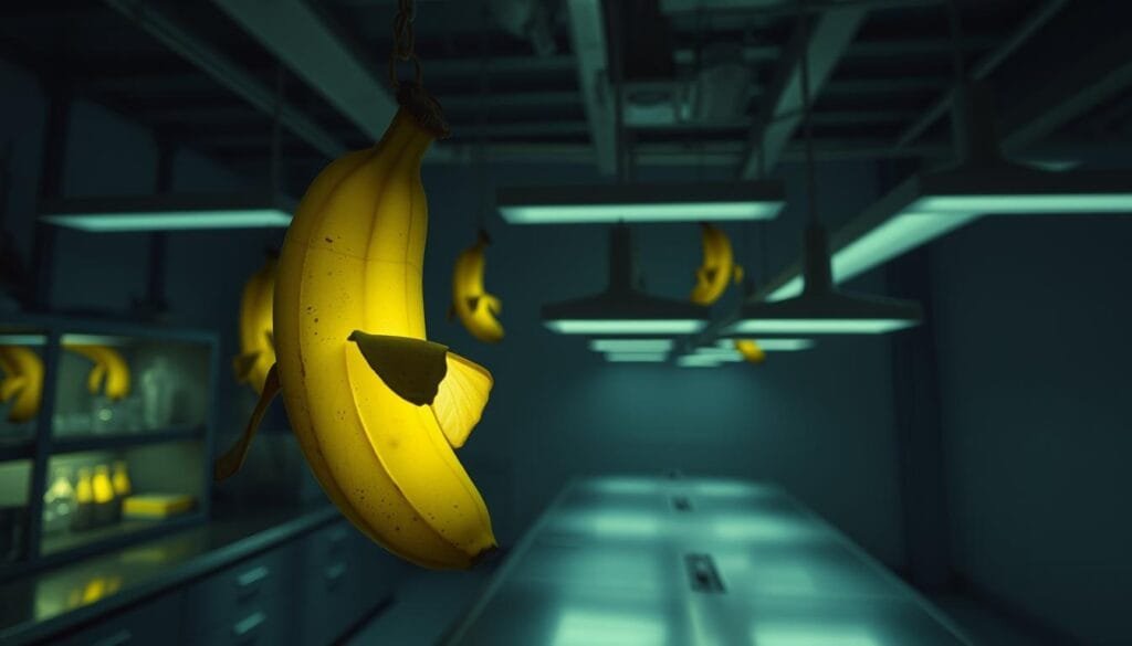 Glowing, radioactive bananas suspended in a dimly lit laboratory setting. The bananas emit a faint, eerie glow, casting an ethereal light across the sterile, metallic countertops and equipment. In the foreground, a single banana stands out, its peel slightly cracked, revealing the luminescent flesh within. In the background, a grid of fluorescent lights casts long shadows, creating a sense of depth and a sinister atmosphere. The scene is captured with a wide-angle lens, emphasizing the scale and otherworldly nature of the radioactive fruit.