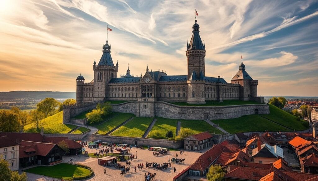 Grandiose medieval castle standing tall atop a lush green hill, the historic seat of the Grand Duchy of Lithuania. Ornate architecture with towering spires and intricate stone carvings, reflecting the power and influence of this once-mighty Baltic kingdom. Warm sunlight filters through wispy clouds, casting dramatic shadows across the imposing fortifications. In the foreground, a bustling cobblestone square filled with colorful market stalls and horse-drawn carriages, evoking the vibrant energy of a bygone era. Surrounding the castle, a sprawling city with red-tiled roofs and winding streets, hinting at the thriving communities that flourished under Lithuanian rule. An awe-inspiring scene that captures the remarkable history and enduring legacy of the Grand Duchy of Lithuania.