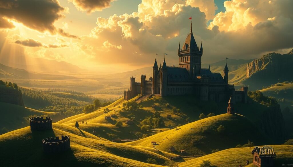 Hyrule, the legendary kingdom from The Legend of Zelda, stands tall in a lush, verdant landscape. In the foreground, rolling hills dotted with ancient ruins and towering spires give way to a sprawling castle, its Gothic architecture casting long shadows across the land. Wispy clouds drift overhead, illuminated by a warm, golden light that bathes the scene in a dreamlike, timeless quality. In the distance, the mystical, forested realm of the Sacred Realm can be glimpsed, while the ominous, twilight-shrouded Kingdom of Twilight looms beyond, hinting at the precarious balance of power in this fantastical world. The overall atmosphere evokes a sense of wonder, adventure, and the timeless allure of exploration and discovery.