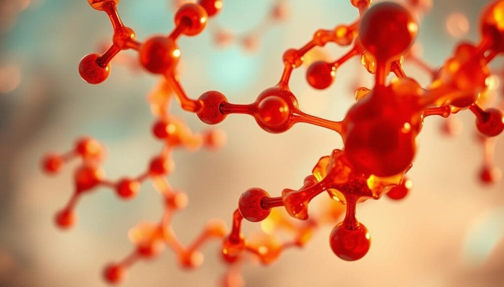 Intricate molecular structures suspended in an ethereal, dreamlike space. Vibrant, organic forms in shades of amber, crimson, and turquoise swirl and intertwine, hinting at the complex chemistry of life. Delicate, translucent bonds connect atoms in a delicate dance, echoing the unseen forces that govern the universe. Soft, diffused lighting casts a warm glow, evoking a sense of wonder and the mysteries of the cosmos. Captured with a shallow depth of field, the foreground shapes are in sharp focus while the background fades into a hazy, atmospheric blur, drawing the viewer's eye to the intricate details at the heart of the composition.