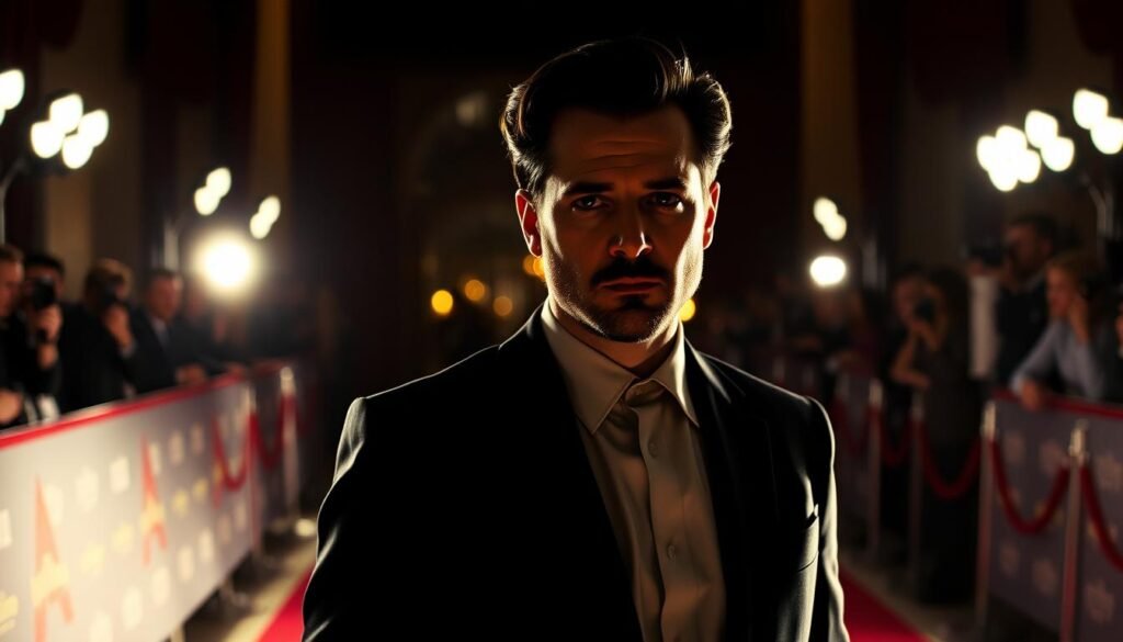 Joaquin Phoenix, dressed in a tailored suit, standing in a spotlight with a pensive expression. The background is a dimly lit Hollywood red carpet, with paparazzi flashing cameras and the silhouettes of onlookers in the distance. The lighting is dramatic, casting shadows that accentuate the actor's striking features. The scene conveys a sense of anticipation and the weight of the moment, reflecting the importance of context and reception in the film industry.