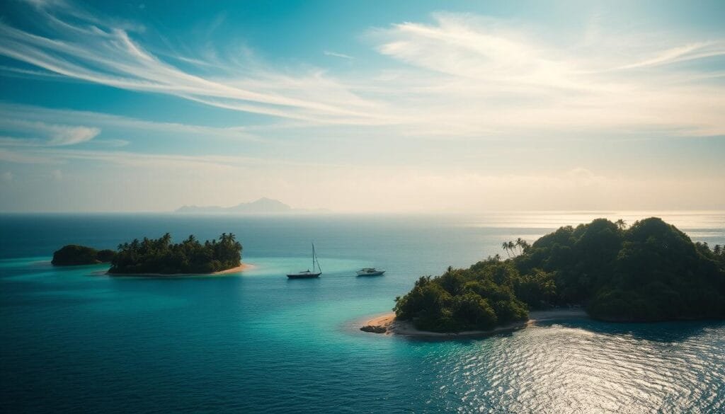 Lush tropical islands dotting the vast expanse of the Pacific Ocean, surrounded by turquoise waters and swaying palm trees. A remote, idyllic landscape where time seems to stand still. Soft, diffused sunlight filters through wispy clouds, casting a warm, golden glow over the scene. In the foreground, a cluster of small, picturesque islets with white sandy beaches and dense, verdant foliage. Farther in the distance, larger landmasses rise up, their silhouettes hazy and indistinct. An atmosphere of tranquility and isolation pervades the image, inviting the viewer to imagine the peaceful, secluded existence of the inhabitants of this forgotten corner of the world. Lush tropical islands dotting the vast expanse of the Pacific Ocean, surrounded by turquoise waters and swaying palm trees. A remote, idyllic landscape where time seems to stand still. Soft, diffused sunlight filters through wispy clouds, casting a warm, golden glow over the scene. In the foreground, a cluster of small, picturesque islets with white sandy beaches and dense, verdant foliage. Farther in the distance, larger landmasses rise up, their silhouettes hazy and indistinct. An atmosphere of tranquility and isolation pervades the image, inviting the viewer to imagine the peaceful, secluded existence of the inhabitants of this forgotten corner of the world.