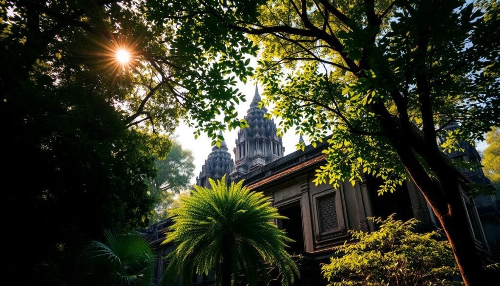 Lush, verdant canopy of the Cambodian jungle, sun-dappled foliage casting intricate shadows upon the ancient Angkor Wat temple complex. Majestic spires and ornate bas-reliefs emerge from the undergrowth, a timeless architectural marvel amidst the vibrant, living landscape. Warm, diffused lighting illuminates the weathered stone, imbuing the scene with an air of mysticism and timelessness. Wide-angle lens captures the grand scale and harmony of nature and man-made wonder, inviting the viewer to immerse themselves in the tranquil, awe-inspiring atmosphere.