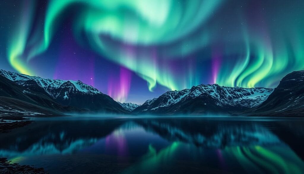 Majestic auroras boreales dancing across the night sky, cascading ribbons of vibrant greens, purples, and blues illuminating the rugged Icelandic landscape. A tranquil lake reflects the ethereal light, mirroring the celestial display. Towering mountains loom in the background, their snow-capped peaks stark against the aurora-filled heavens. The scene is bathed in a soft, ethereal glow, as if lit by a celestial spotlight. Capture the wonder and mystery of this natural spectacle, where the forces of the cosmos meet the Earth in a captivating display of nature's beauty.