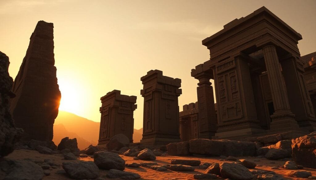 Majestic megalithic temples stand tall, their ancient stones weathered by time, silhouetted against a golden sky. Towering monoliths reach skyward, casting long shadows across the rugged landscape. Intricate carvings and ornate motifs adorn the massive structures, hinting at the sophisticated craftsmanship of their builders. The scene exudes a sense of timeless wonder, as if these monuments have stood witness to the passage of millennia. Warm, soft lighting bathes the scene, creating a serene, contemplative atmosphere. A wide-angle lens captures the grandeur of the setting, showcasing the impressive scale and imposing presence of these primeval temples that predate even the pyramids of Egypt. Majestic megalithic temples stand tall, their ancient stones weathered by time, silhouetted against a golden sky. Towering monoliths reach skyward, casting long shadows across the rugged landscape. Intricate carvings and ornate motifs adorn the massive structures, hinting at the sophisticated craftsmanship of their builders. The scene exudes a sense of timeless wonder, as if these monuments have stood witness to the passage of millennia. Warm, soft lighting bathes the scene, creating a serene, contemplative atmosphere. A wide-angle lens captures the grandeur of the setting, showcasing the impressive scale and imposing presence of these primeval temples that predate even the pyramids of Egypt.