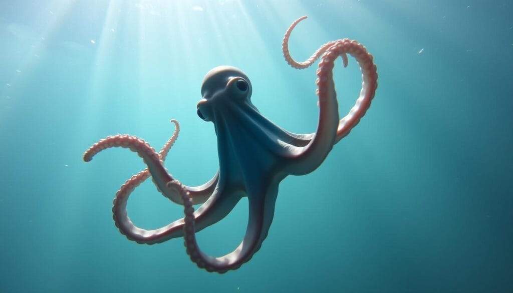 Movimiento y corazón pulpo: a striking underwater scene depicting a graceful octopus in motion, its three beating hearts pulsating with vivid azure hues. The octopus's tentacles undulate in a mesmerizing dance, conveying a sense of fluid, rhythmic movement. Beams of natural light filter through the water, casting a soft, ethereal glow on the creature's form. The background is hazy and indistinct, allowing the octopus to be the focal point, its captivating vitality and alien beauty the center of attention. The image evokes a sense of tranquility, wonder, and the hidden complexity of this remarkable marine organism.