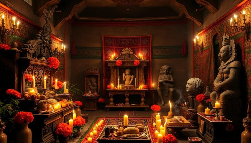 Ornate prehispanic ofrendas fill a dimly lit ceremonial chamber, bathed in warm candlelight. Intricately carved wooden altars stand tall, adorned with vibrant marigold flowers, copal incense, and offerings of fruit, bread, and candles. Vibrant tapestries and woven blankets line the walls, adding depth and texture to the sacred space. Carved stone statues of ancient deities gaze solemnly upon the ritual proceedings, their weathered features casting long shadows across the room. The air is thick with the scent of herbs and the reverential hush of a timeless tradition, connecting the living to the spirits of the departed.
