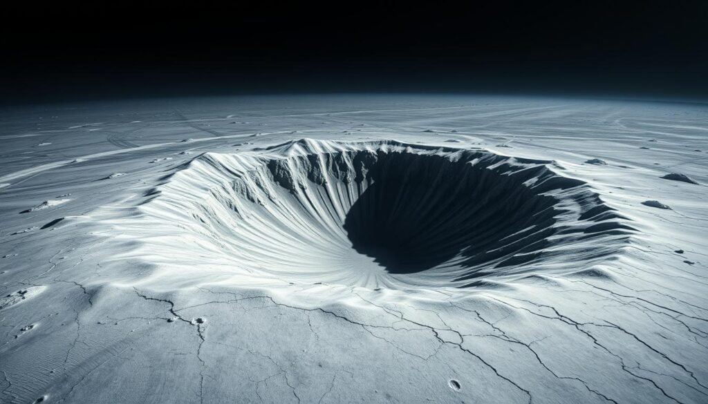 Piccard Mons, a towering cryovolcano rising from the icy surface of Jupiter's moon Ganymede. A vast, central depression dominates the scene, its depths shrouded in shadow and mystery. The icy slopes are etched with intricate fractures, hinting at the internal dynamism of this distant world. Soft, diffuse lighting illuminates the scene, casting long shadows and creating a sense of depth and scale. The overall mood is one of scientific wonder and the vast, untamed nature of the outer solar system. In the background, the vast, alien landscape stretches to the horizon, a testament to the diverse and awe-inspiring geology of the Jovian system.