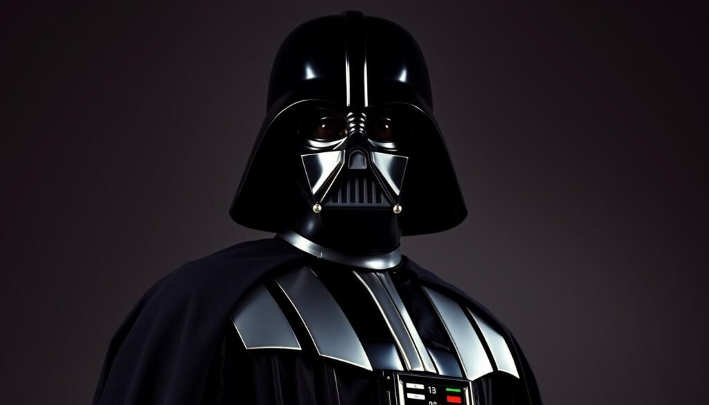 Portrait of David Prowse, the actor who portrayed Darth Vader's physical body in the original Star Wars trilogy. Prowse is depicted in the iconic Darth Vader costume, standing tall with imposing presence. His face is partially obscured by the Vader helmet, with only his determined expression visible. The lighting is dramatic, with deep shadows and highlights that accentuate the angular lines of the costume. The background is a somber, muted color palette, keeping the focus on the powerful figure of Prowse as the embodiment of the legendary Sith Lord. The overall mood is one of reverence and respect for the unsung actor who brought Darth Vader to life through his physical performance, despite not being the voice that audiences heard.