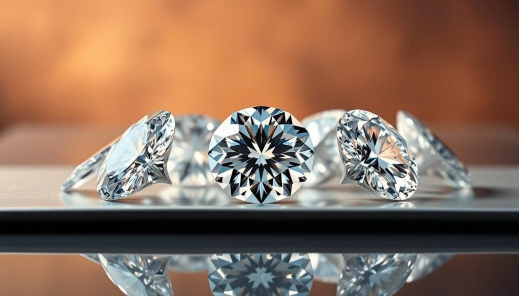 Precious diamonds, sparkling and radiant, showcased against a sophisticated backdrop. A close-up shot capturing the alluring brilliance and intricate facets of these coveted gemstones. Soft, warm lighting accentuates their mesmerizing fire and clarity, drawing the viewer's gaze. The diamonds are presented on a sleek, reflective surface, creating a sense of depth and elegance. The middle ground features a subtle, textured pattern, hinting at the inherent value and rarity of these remarkable stones. In the background, a sophisticated, muted color palette sets the stage, allowing the diamonds to take center stage as the true stars of the composition. The overall scene conveys a sense of opulence, exclusivity, and the enduring allure of these precious natural wonders. Precious diamonds, sparkling and radiant, showcased against a sophisticated backdrop. A close-up shot capturing the alluring brilliance and intricate facets of these coveted gemstones. Soft, warm lighting accentuates their mesmerizing fire and clarity, drawing the viewer's gaze. The diamonds are presented on a sleek, reflective surface, creating a sense of depth and elegance. The middle ground features a subtle, textured pattern, hinting at the inherent value and rarity of these remarkable stones. In the background, a sophisticated, muted color palette sets the stage, allowing the diamonds to take center stage as the true stars of the composition. The overall scene conveys a sense of opulence, exclusivity, and the enduring allure of these precious natural wonders.