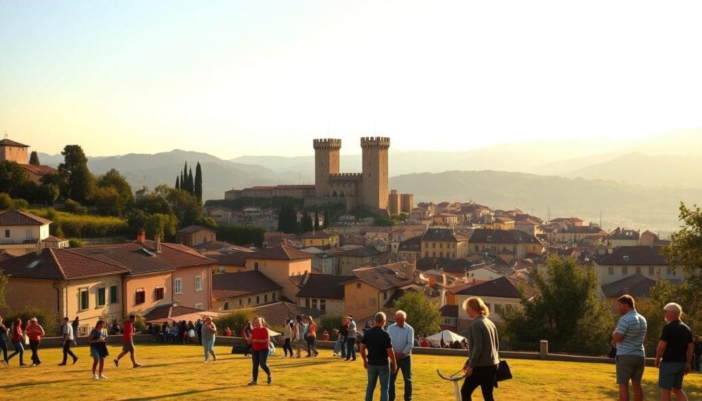 Prompt A panoramic view of the quaint and picturesque city of San Marino, the world's oldest republic, bathed in a warm, golden afternoon light. In the foreground, a group of locals playing traditional sports like bocce ball or archery, capturing the cultural vibrancy of the city. In the middle ground, the iconic medieval architecture, including the Three Towers, stands tall against a backdrop of rolling hills and lush greenery. The scene exudes a sense of timelessness, where the modern and the ancient coexist harmoniously, reflecting the curious blend of history, tradition, and contemporary life that defines San Marino. Prompt A panoramic view of the quaint and picturesque city of San Marino, the world's oldest republic, bathed in a warm, golden afternoon light. In the foreground, a group of locals playing traditional sports like bocce ball or archery, capturing the cultural vibrancy of the city. In the middle ground, the iconic medieval architecture, including the Three Towers, stands tall against a backdrop of rolling hills and lush greenery. The scene exudes a sense of timelessness, where the modern and the ancient coexist harmoniously, reflecting the curious blend of history, tradition, and contemporary life that defines San Marino.