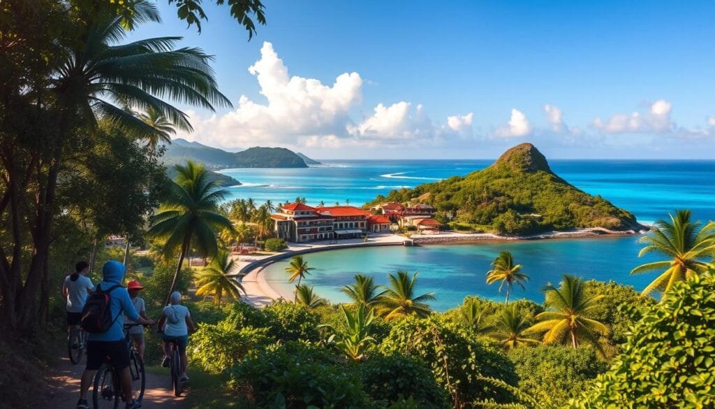Prompt A picturesque island landscape with a focus on sustainable tourism. In the foreground, a group of people exploring a lush, tropical forest, using eco-friendly modes of transportation like bicycles and electric scooters. In the middle ground, a traditional village with colorful, energy-efficient buildings and locals engaged in sustainable practices such as organic farming and renewable energy production. In the background, a stunning coastline with crystal-clear turquoise waters, where a small, eco-friendly resort blends seamlessly into the natural environment. The scene is bathed in warm, golden sunlight, conveying a sense of harmony and balance between human activity and the natural world. Prompt A picturesque island landscape with a focus on sustainable tourism. In the foreground, a group of people exploring a lush, tropical forest, using eco-friendly modes of transportation like bicycles and electric scooters. In the middle ground, a traditional village with colorful, energy-efficient buildings and locals engaged in sustainable practices such as organic farming and renewable energy production. In the background, a stunning coastline with crystal-clear turquoise waters, where a small, eco-friendly resort blends seamlessly into the natural environment. The scene is bathed in warm, golden sunlight, conveying a sense of harmony and balance between human activity and the natural world.