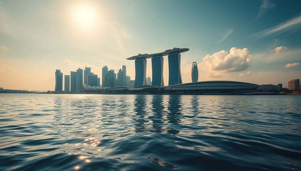 Prompt A vast, gleaming skyline rises from the tranquil waters of Marina Bay, Singapore. In the foreground, modern high-rises reflect upon the glassy surface, their sharp architectural lines contrasted by the softly undulating waves. The middle ground features the iconic Supertree Grove, its futuristic vertical gardens reaching towards the sky. In the background, the towering Marina Bay Sands complex stands tall, its distinctive three-tower design capped by a breathtaking SkyPark. Warm, golden sunlight filters through wispy clouds, casting a serene, almost dreamlike atmosphere over the entire scene. The image conveys a sense of Singapore's remarkable urban growth, as the city has literally expanded by reclaiming land from the sea.