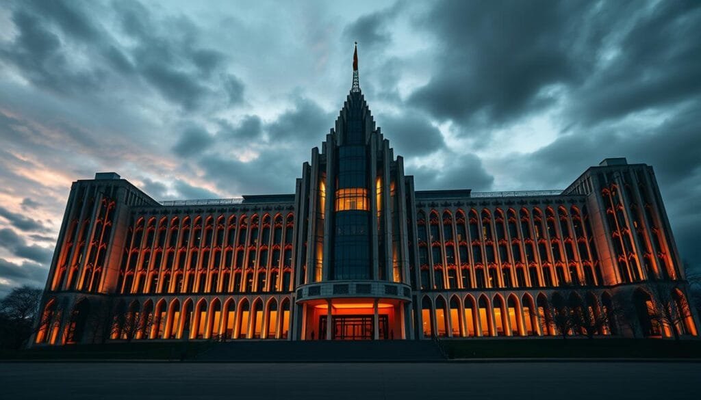 Prompt A visually striking architectural masterpiece, the imposing Romanian administrative building stands tall against a backdrop of a moody, dramatic sky. Intricate geometric patterns and bold, angular lines create a sense of innovative, cutting-edge design. Warm lighting illuminates the structure's grandiose facade, casting dramatic shadows and highlights that accentuate its striking appearance. The building appears to be a testament to the country's engineering prowess and creative vision, embodying the spirit of Romanian ingenuity that has shaped the modern world.