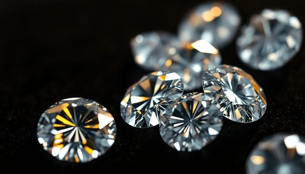 Prompt Captivating natural diamonds, shimmering under a soft, warm light. Close-up view revealing their intricate crystalline structure, facets reflecting the radiant glow. The diamonds are nestled on a dark, velvety surface, creating a sense of depth and elegance. Subtle shadows and highlights accentuate the diamonds' brilliance, inviting the viewer to appreciate their timeless beauty. The overall composition conveys the inherent value and natural wonder of these precious gemstones, in contrast to their artificial counterparts. Prompt Captivating natural diamonds, shimmering under a soft, warm light. Close-up view revealing their intricate crystalline structure, facets reflecting the radiant glow. The diamonds are nestled on a dark, velvety surface, creating a sense of depth and elegance. Subtle shadows and highlights accentuate the diamonds' brilliance, inviting the viewer to appreciate their timeless beauty. The overall composition conveys the inherent value and natural wonder of these precious gemstones, in contrast to their artificial counterparts.