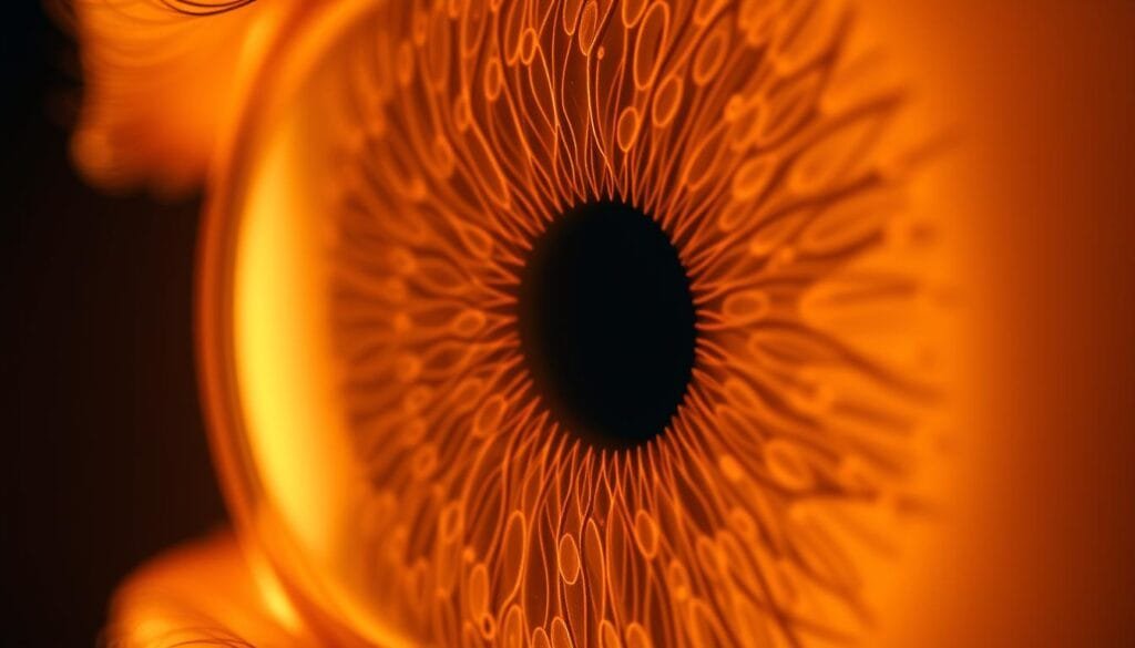 Retina sensor of the human eye, resembling a high-resolution camera lens. Intricate network of photoreceptor cells arranged in a concentric pattern, with densely packed cones in the central fovea for acute color vision and rods in the peripheral regions for low-light sensitivity. Delicate, tissue-thin structure capturing light through a curved, transparent cornea and lens system. Subtle gradients of illumination and focus, with crisp details and natural depth of field. Warm, ambient lighting highlighting the complex organic architecture of this remarkable visual sensor. Retina sensor of the human eye, resembling a high-resolution camera lens. Intricate network of photoreceptor cells arranged in a concentric pattern, with densely packed cones in the central fovea for acute color vision and rods in the peripheral regions for low-light sensitivity. Delicate, tissue-thin structure capturing light through a curved, transparent cornea and lens system. Subtle gradients of illumination and focus, with crisp details and natural depth of field. Warm, ambient lighting highlighting the complex organic architecture of this remarkable visual sensor.