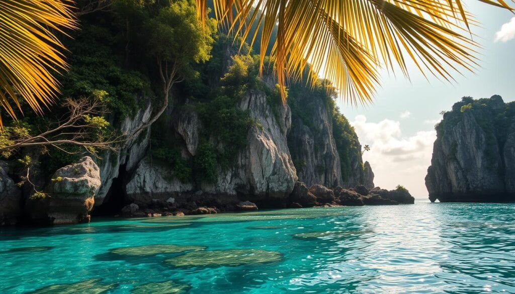 Serene island paradise with lush, verdant foliage cascading down rugged limestone cliffs into a crystal-clear turquoise sea. Dramatic rock formations, weathered by wind and waves, emerge from the shimmering waters. Vibrant coral reefs and schools of tropical fish teeming with life below the surface. Warm, golden sunlight filters through swaying palm fronds, casting a tranquil, dreamy atmosphere over the entire scene. A hidden, untouched world, a symphony of nature's elemental beauty. Serene island paradise with lush, verdant foliage cascading down rugged limestone cliffs into a crystal-clear turquoise sea. Dramatic rock formations, weathered by wind and waves, emerge from the shimmering waters. Vibrant coral reefs and schools of tropical fish teeming with life below the surface. Warm, golden sunlight filters through swaying palm fronds, casting a tranquil, dreamy atmosphere over the entire scene. A hidden, untouched world, a symphony of nature's elemental beauty.