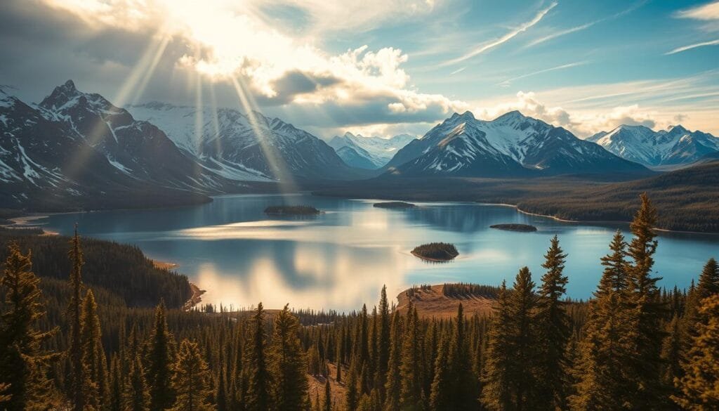 Sprawling northern landscape, a vast panorama of pristine lakes, towering snow-capped mountains, and primeval forests. In the foreground, a crystal-clear lake reflects the rugged, ancient beauty of the Canadian Shield, its still waters dotted with small islands and inlets. Beams of warm, golden light filter through wispy clouds, casting a magical glow over the scene. In the middle ground, dense evergreen trees sway gently, their branches reaching towards the heavens. In the distance, jagged, jagged peaks pierce the horizon, their icy summits glistening under the bright, Nordic sun. An atmosphere of untamed wilderness and primal serenity pervades the entire composition. Sprawling northern landscape, a vast panorama of pristine lakes, towering snow-capped mountains, and primeval forests. In the foreground, a crystal-clear lake reflects the rugged, ancient beauty of the Canadian Shield, its still waters dotted with small islands and inlets. Beams of warm, golden light filter through wispy clouds, casting a magical glow over the scene. In the middle ground, dense evergreen trees sway gently, their branches reaching towards the heavens. In the distance, jagged, jagged peaks pierce the horizon, their icy summits glistening under the bright, Nordic sun. An atmosphere of untamed wilderness and primal serenity pervades the entire composition.