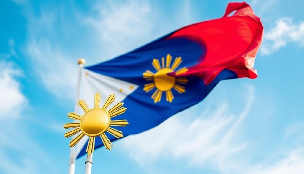 Stately national flag of the Philippines, billowing majestically against a serene azure sky. The vibrant sun and three golden stars emblazoned upon a field of royal blue, symbolizing the nation's unity, democracy, and valor. In the foreground, an ornate golden sun with eight rays, radiating a sense of power and enlightenment. In the background, wispy clouds drift lazily, creating a tranquil, contemplative atmosphere. The overall composition conveys a harmony between peace and strength, a visual representation of the Philippine people's duality. Captured with a wide-angle lens to emphasize the grandeur and significance of this national symbol. Stately national flag of the Philippines, billowing majestically against a serene azure sky. The vibrant sun and three golden stars emblazoned upon a field of royal blue, symbolizing the nation's unity, democracy, and valor. In the foreground, an ornate golden sun with eight rays, radiating a sense of power and enlightenment. In the background, wispy clouds drift lazily, creating a tranquil, contemplative atmosphere. The overall composition conveys a harmony between peace and strength, a visual representation of the Philippine people's duality. Captured with a wide-angle lens to emphasize the grandeur and significance of this national symbol.