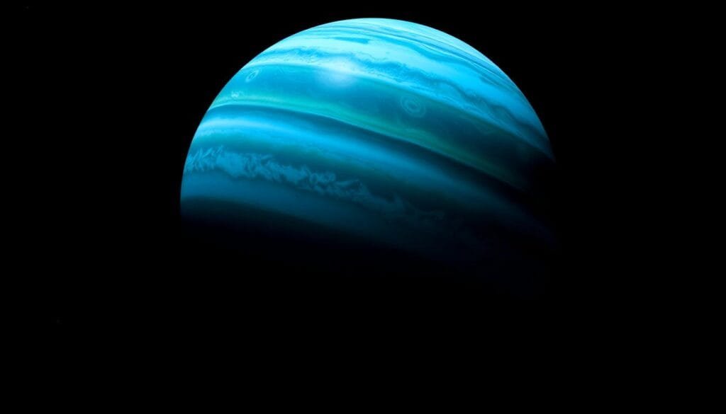 Stunning high-resolution image of the planet Uranus as captured by the James Webb Space Telescope. The planet appears in vibrant shades of blue and green, with its unique tilted axis clearly visible. The atmosphere is rendered in intricate detail, showcasing the planet's dynamic weather patterns and turbulent storms. The image is framed against a deep, inky black backdrop of space, with distant galaxies and celestial bodies visible in the background. The lighting is crisp and directional, casting dramatic shadows and highlights that accentuate the planet's sculptural form. The overall composition is balanced and visually captivating, perfectly suited to illustrate the new revelations about Uranus brought to light by the revolutionary James Webb Space Telescope.