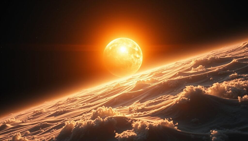 Stunning solar waves, cascading across the boundless void of space. A colossal celestial dance, as the Sun's nuclear furnace roars to life, radiating shimmering ripples of energy through the eerie silence. Capture the raw power of this silent spectacle, with dramatic chiaroscuro lighting casting dramatic shadows, as the waves billow and crest in an ethereal, mesmerizing display. Depict the scene with a sense of profound tranquility, conveying the profound stillness and lack of audible sound in the airless expanse. Render the scene with a cinematic, large-format aspect ratio to emphasize the grand, awe-inspiring scale of this silent celestial phenomenon.