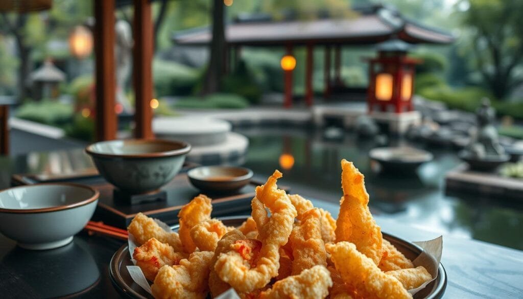 Tempura, a delicate Japanese delicacy, presented in a visually stunning manner. In the foreground, a platter showcases a selection of golden-fried tempura, each piece a masterful balance of crispness and tender seafood or vegetables. The middle ground reveals a traditional Japanese table setting, with elegant ceramic bowls and chopsticks, hinting at the cultural influences that have shaped this beloved dish. In the background, a tranquil Japanese garden scene unfolds, with serene ponds, lush foliage, and the soft glow of lanterns, creating a peaceful, atmospheric ambiance that complements the culinary artistry. Captured with a warm, natural lighting, the scene evokes a sense of balance, harmony, and the appreciation for the simple pleasures of exceptional cuisine.