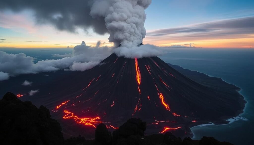 Towering Krakatoa volcano, erupting in a magnificent display of raw power. Plumes of ash and smoke billow towards the sky, casting an ominous shadow over the surrounding landscape. The fiery glow of lava cascades down the steep slopes, illuminating the scene with an otherworldly radiance. In the foreground, jagged volcanic rocks stand as silent sentinels, while in the distance, the vast expanse of the ocean stretches out, adding to the sense of scale and grandeur. The overall atmosphere is one of awe-inspiring, primordial force, capturing the sheer magnitude of this iconic natural wonder.