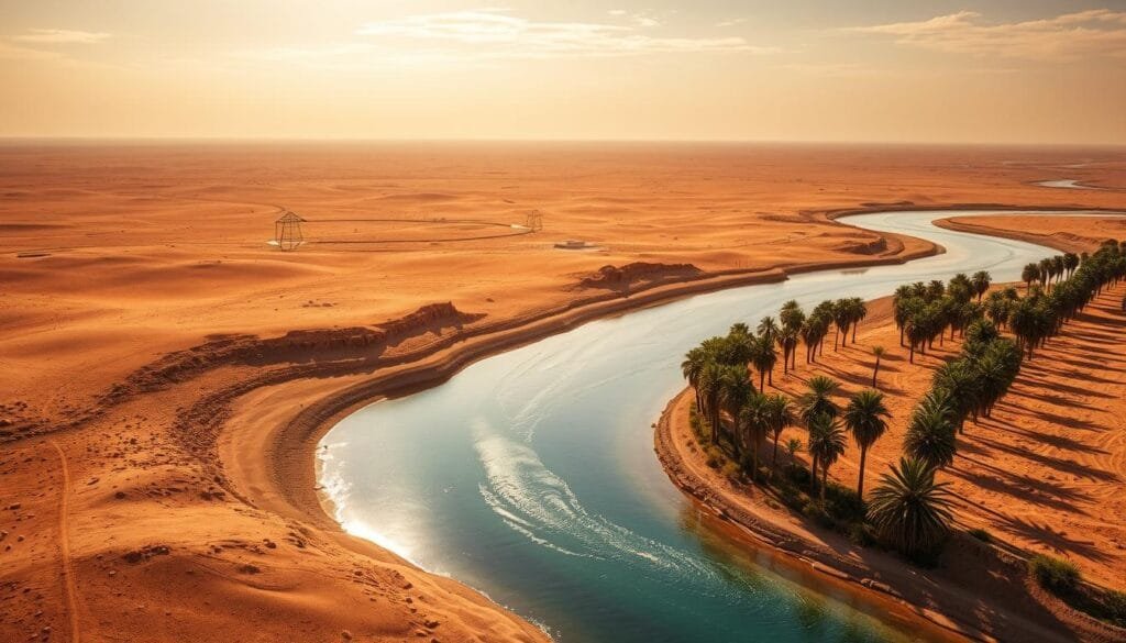 Vast, arid desert stretching to the horizon, a vivid mirage in the shimmering heat. In the foreground, a magnificent artificial river flows, its crystal clear waters snaking through the parched landscape. Lush palm trees line the banks, casting long shadows. Warm, golden sunlight filters through wispy clouds, illuminating the scene with a sense of hope and possibility. The river, an engineering marvel, symbolizes humanity's triumph over the challenges of the desert, bringing life-giving water to this harsh environment. Capture the scale and grandeur of this oasis, a testament to the ingenuity and determination of the Libyan people.