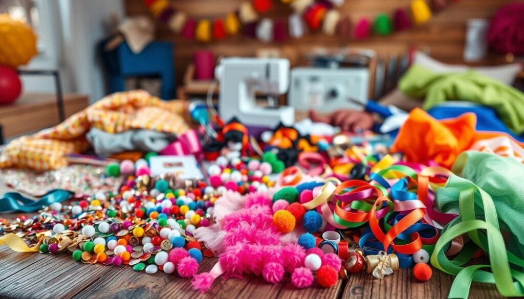 Vibrant array of materials for DIY carnival costumes, laid out on a rustic wooden table. Colorful fabrics, sequins, ribbons, pom-poms, and an assortment of craft supplies in the foreground. Middle ground features sewing machine, scissors, and various tools. Background showcases a warm, cozy atmosphere with a festive garland or banner. Soft, diffused lighting illuminates the scene, casting gentle shadows and highlighting the textures of the materials. The overall composition conveys the creative energy and joyful spirit of homemade carnival costumes.