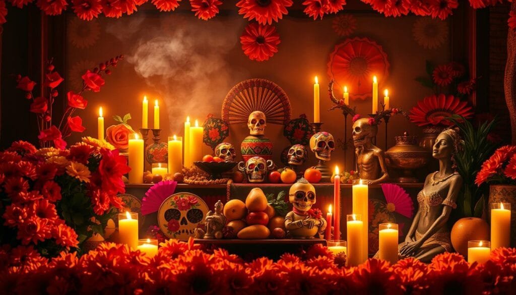 Vibrant symbolic offering: a serene ofrenda (altar) adorned with an array of marigold flowers, candles, and traditional Mexican folk art, bathed in warm, dramatic lighting that casts intricate shadows across the scene. In the foreground, an assortment of colorful paper cutouts, incense, and fresh fruits evoke the spirit of Día de los Muertos. The middle ground features ornate sugar skulls, ceramic figurines, and woven textiles that symbolize the rich cultural heritage. The background gently fades into a hazy, atmospheric setting, allowing the vivid colors and textures of the ofrenda to take center stage.