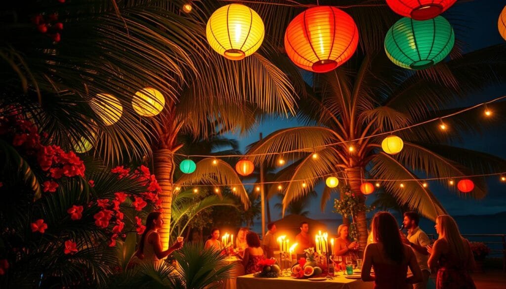 Vibrant tropical fiesta illumination: a lush, verdant outdoor setting with swaying palm fronds and blooming flowers bathed in a warm glow of twinkling fairy lights. A festive ambiance is created by colorful paper lanterns and torches casting a soft, inviting light across the scene. In the foreground, a small gathering of guests enjoying cocktails and music, their faces radiant with the magical atmosphere. The middle ground features a decorated table with tropical fruit and floral centerpieces, while the background showcases a tranquil, starry night sky. Cinematic, moody lighting accentuates the exotic, laid-back mood of this idyllic tropical celebration.