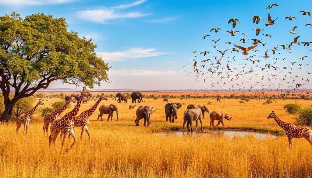 Vida silvestre en Yankari: an expansive African savanna, teeming with a diverse array of majestic wildlife. In the foreground, a herd of graceful giraffes meanders through the tall, golden grass, their long necks reaching for the lush foliage above. Nearby, a family of playful elephants splashes in a tranquil watering hole, their trunks intertwined. The middle ground reveals a pride of lions, their tawny coats catching the warm, golden light of the setting sun. In the distance, a flock of vibrant, exotic birds takes flight, their iridescent feathers shimmering against the azure sky. The scene is captured with a wide-angle lens, showcasing the breathtaking beauty and untamed essence of this Nigerian natural wonder. Vida silvestre en Yankari: an expansive African savanna, teeming with a diverse array of majestic wildlife. In the foreground, a herd of graceful giraffes meanders through the tall, golden grass, their long necks reaching for the lush foliage above. Nearby, a family of playful elephants splashes in a tranquil watering hole, their trunks intertwined. The middle ground reveals a pride of lions, their tawny coats catching the warm, golden light of the setting sun. In the distance, a flock of vibrant, exotic birds takes flight, their iridescent feathers shimmering against the azure sky. The scene is captured with a wide-angle lens, showcasing the breathtaking beauty and untamed essence of this Nigerian natural wonder.