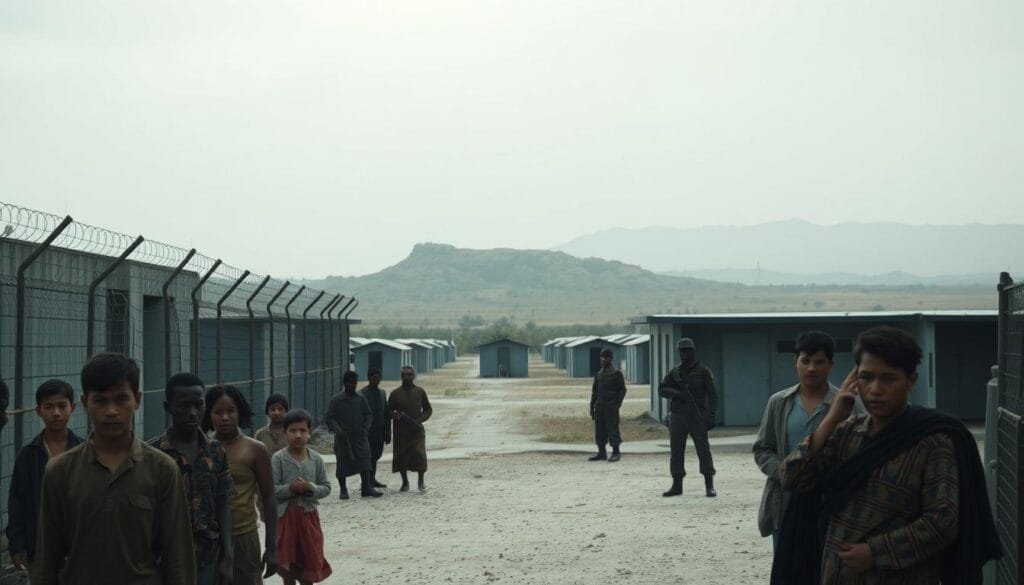 a detailed, cinematic scene of a refugee detention center in Nauru, with a somber, realistic atmosphere. In the foreground, a group of displaced people, their expressions weary and dejected, stand outside a large, austere concrete structure, its barbed wire fences and armed guards evoking a sense of confinement and despair. In the middle ground, a row of small, sparse dwellings hints at the living conditions within the facility. The background is hazy, with a distant, desolate landscape of sun-bleached rock and sparse vegetation, emphasizing the remote and isolated nature of the location. The overall lighting is muted, with a sense of melancholy and unease permeating the scene. a detailed, cinematic scene of a refugee detention center in Nauru, with a somber, realistic atmosphere. In the foreground, a group of displaced people, their expressions weary and dejected, stand outside a large, austere concrete structure, its barbed wire fences and armed guards evoking a sense of confinement and despair. In the middle ground, a row of small, sparse dwellings hints at the living conditions within the facility. The background is hazy, with a distant, desolate landscape of sun-bleached rock and sparse vegetation, emphasizing the remote and isolated nature of the location. The overall lighting is muted, with a sense of melancholy and unease permeating the scene.