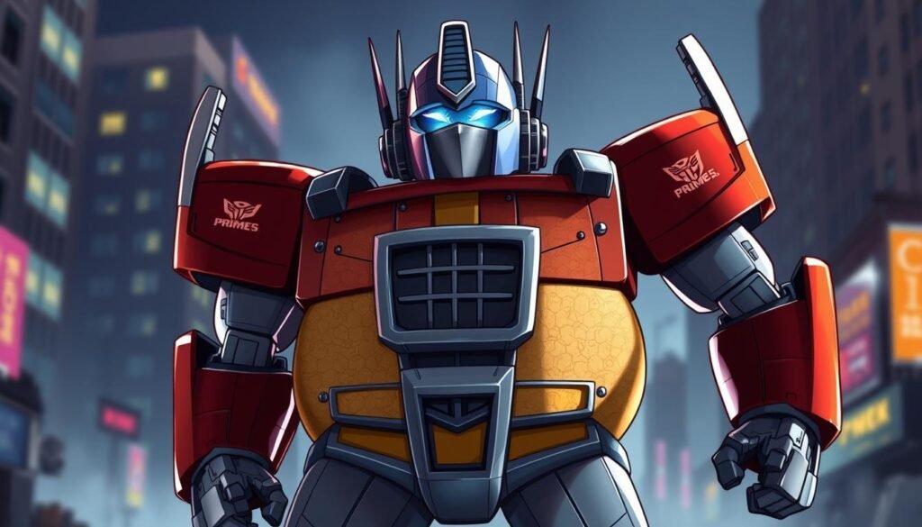 a detailed digital illustration of a hybrid character, depicting a fusion between the autobot commander Optimus Prime and the burrito mascot character Ígor from Winnie the Pooh. the figure stands imposingly in the foreground, with a strong, heroic stance and metallic, angular features reminiscent of Optimus Prime's design, but with softer, more organic elements inspired by Ígor's plump, rounded shape. the character's expression is one of resolute determination, with glowing blue eyes and a grille-like mouth. behind the central figure, a blurred urban landscape recedes into the distance, hinting at the duality of this character's nature. the lighting is dramatic, with bold shadows and highlights that accentuate the mechanical and organic forms. the overall mood is one of power, whimsy, and a touch of the unexpected.