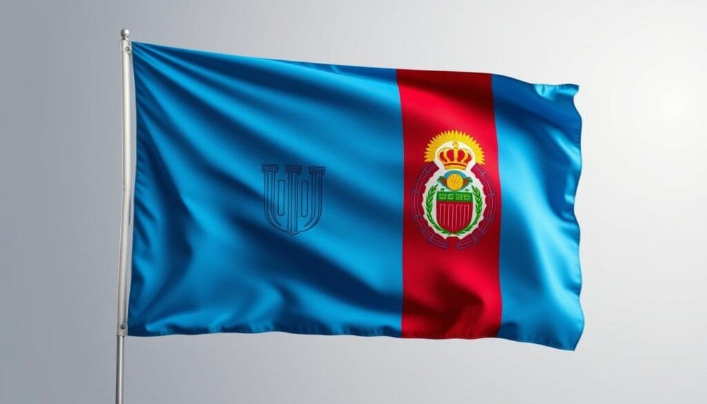 a detailed, hyper-realistic digital illustration of the Paraguayan national flag, showcasing its unique double-sided design. The flag features a vibrant sky-blue field with a brilliant white central emblem, depicting two intertwined pillars and a red hat of liberty. The front and reverse sides of the flag are clearly visible, with the emblems precisely mirrored. The flag is captured at a medium distance, allowing the intricate details to shine, including the subtle textures and sheen of the fabric. The lighting is natural and diffused, creating depth and highlighting the flag's three-dimensional form. The background is clean and minimalist, allowing the flag to be the sole focus, emphasizing its status as a distinct national symbol.