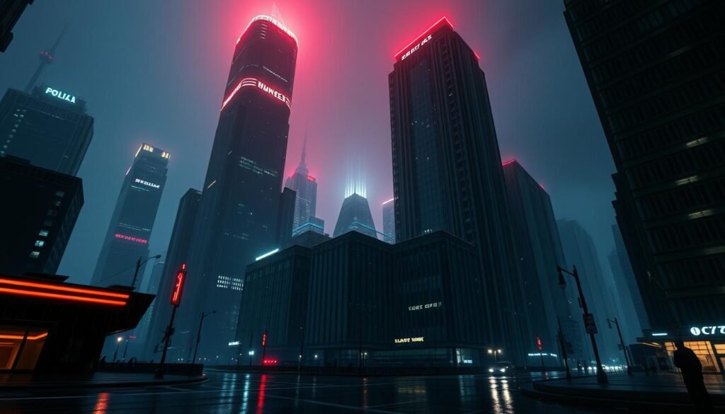 a dramatic nighttime cityscape in the style of "Blade Runner", featuring towering skyscrapers and neon lights reflecting off the rainy streets, with a moody, atmospheric lighting that casts long shadows and creates a sense of mystery and isolation. The scene should have a cyberpunk aesthetic, with subtle hints of advanced technology and a futuristic, dystopian tone. The composition should be striking, with the buildings and lights creating a sense of depth and scale, and the camera angle should be slightly low, giving the viewer a sense of being immersed in the environment. The overall mood should be one of awe and contemplation, hinting at the complex themes and narratives that define the "Blade Runner" universe.
