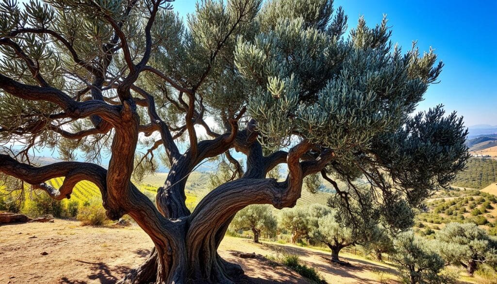 a lush, ancient olive tree (Olea europaea) with a gnarled, weathered trunk and twisted branches, growing in a serene Mediterranean landscape. Sunlight filters through the silvery-green leaves, casting warm, dappled shadows on the ground. The tree's thick, knotted bark and sprawling canopy suggest great age and resilience. In the background, rolling hills covered in olive groves and vineyards stretch towards a hazy horizon under a clear, azure sky. The scene conveys a sense of timeless tranquility and the enduring natural heritage of the Mediterranean region.