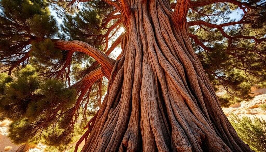a towering ancient ciprés (Cupressus sempervirens), its gnarled and weathered trunk standing tall and stately against a backdrop of a warm, golden desert landscape. Sunlight filters through the dense, lush foliage, casting intricate patterns of light and shadow across the tree's majestic form. The ciprés is situated in a serene, timeless setting, its presence evoking a sense of reverence and connection to the land's enduring history. The image is captured with a wide-angle lens to emphasize the tree's impressive scale and grandeur, inviting the viewer to fully immerse themselves in the tranquil, awe-inspiring atmosphere.