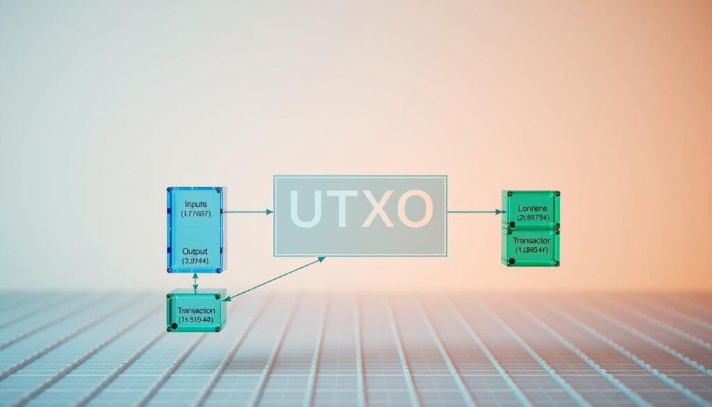 A blockchain transaction visualization depicting UTXO (Unspent Transaction Output) model, set against a clean, minimalist backdrop. Transparent LEGO-inspired blocks in shades of blue and green represent the transaction data flow, with nodes connected by sleek lines. The foreground features a central UTXO diagram, showcasing the inputs, outputs, and transaction management principles. The middle ground incorporates subtle blockchain network elements, such as node icons and transaction timestamps. The background maintains a sense of depth with a soft, gridded pattern, evoking the technical and digital nature of the subject matter. Warm, directional lighting casts a subtle glow, creating depth and emphasis on the key UTXO visualization.