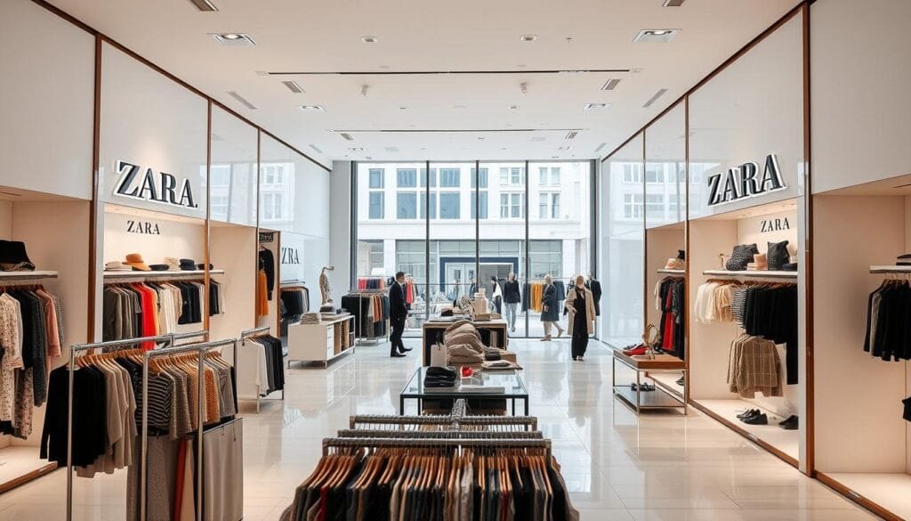 A bright, bustling interior of a Zara retail store, with a focus on the store's distinctive branding and product displays. The foreground features neatly organized clothing racks and mannequins showcasing the latest fashion trends. The middle ground highlights the sleek, minimalist design of the store, with large windows allowing natural light to flood the space. The background reveals the store's strategic placement within a modern urban setting, conveying the brand's global reach and integrated retail strategy. The overall atmosphere exudes a sense of efficiency, style, and consumer-centric design, capturing the essence of Zara's "fast fashion" business model. A bright, bustling interior of a Zara retail store, with a focus on the store's distinctive branding and product displays. The foreground features neatly organized clothing racks and mannequins showcasing the latest fashion trends. The middle ground highlights the sleek, minimalist design of the store, with large windows allowing natural light to flood the space. The background reveals the store's strategic placement within a modern urban setting, conveying the brand's global reach and integrated retail strategy. The overall atmosphere exudes a sense of efficiency, style, and consumer-centric design, capturing the essence of Zara's "fast fashion" business model.