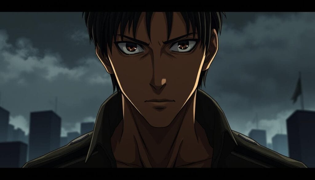 A brooding, intense gaze from Eren Yeager, the protagonist of "Attack on Titan," as he stands tall and resolute, his piercing eyes reflecting the tormented soul of his creator. Dramatic chiaroscuro lighting casts dramatic shadows across his angular features, hinting at the dark inspirations that birthed this iconic character. The background is a moody, abstract cityscape, suggesting the gritty, urban setting that shaped the author's personal experiences. Rendered with a keen eye for detail and a cinematic, slightly gritty aesthetic to capture the essence of the source material and its thematic underpinnings.
