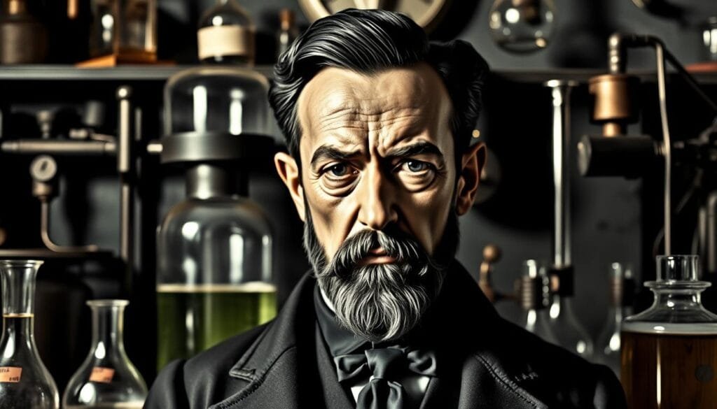 A bust portrait of John Harvey Kellogg, the pioneering American surgeon and health activist, set against a backdrop of early 20th century medical equipment and scientific instruments. Kellogg has a stern, pensive expression, his brow furrowed as he contemplates his life's work. The lighting is dramatic, casting shadows that accentuate the lines of his face and the intensity of his gaze. The composition is balanced, with Kellogg positioned centrally, surrounded by beakers, test tubes, and other symbols of his medical and scientific pursuits. The overall tone is one of intellectual rigor and dedication, capturing the essence of this complex and influential figure in the history of American health and nutrition.