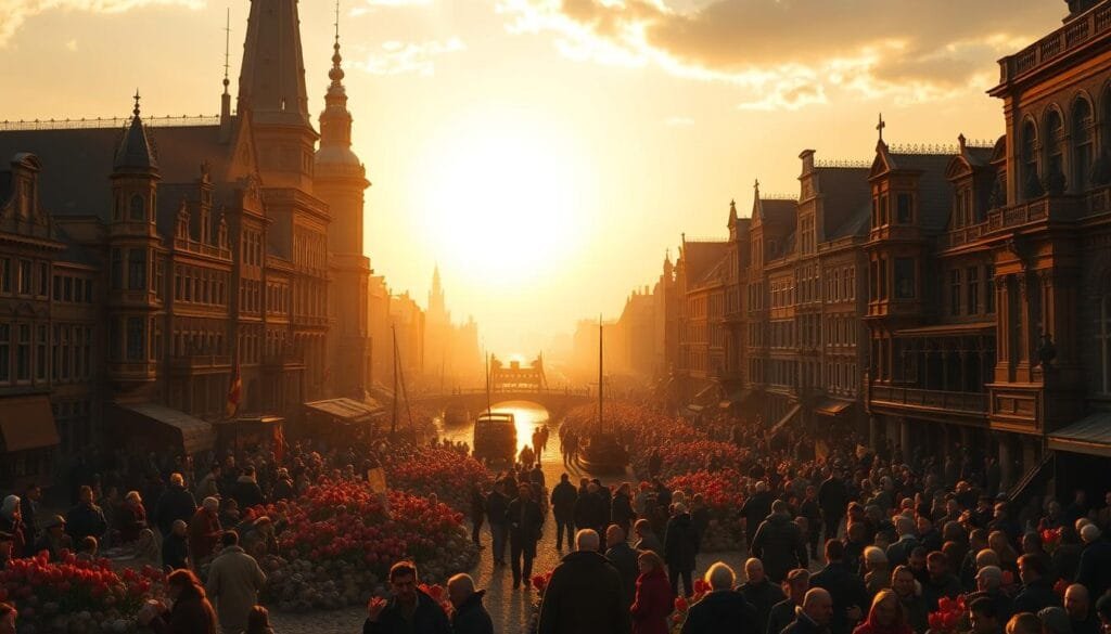 A bustling 17th-century Dutch cityscape, bathed in warm, golden light from a setting sun. In the foreground, a chaotic scene of frenzied trade, with merchants and citizens frantically exchanging tulip bulbs and coins. Towering, stately buildings line the canals, their facades reflecting the economic turmoil. In the middle ground, a sense of unease and uncertainty as people gather, anxiously discussing the tulip mania that has gripped the nation. The background fades into a hazy, dreamlike horizon, suggesting the unpredictable and ephemeral nature of this economic bubble. The overall mood is one of financial excess, impending collapse, and the far-reaching impact on the Dutch economic and social fabric.